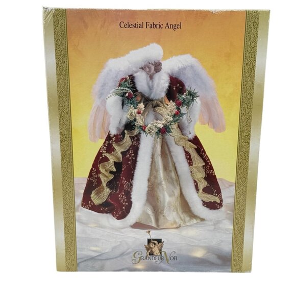 Grandeur Noel Celestial Fabric Angel 16" Tree Topper Porcelain Hand Painted Face - Picture 2 of 10